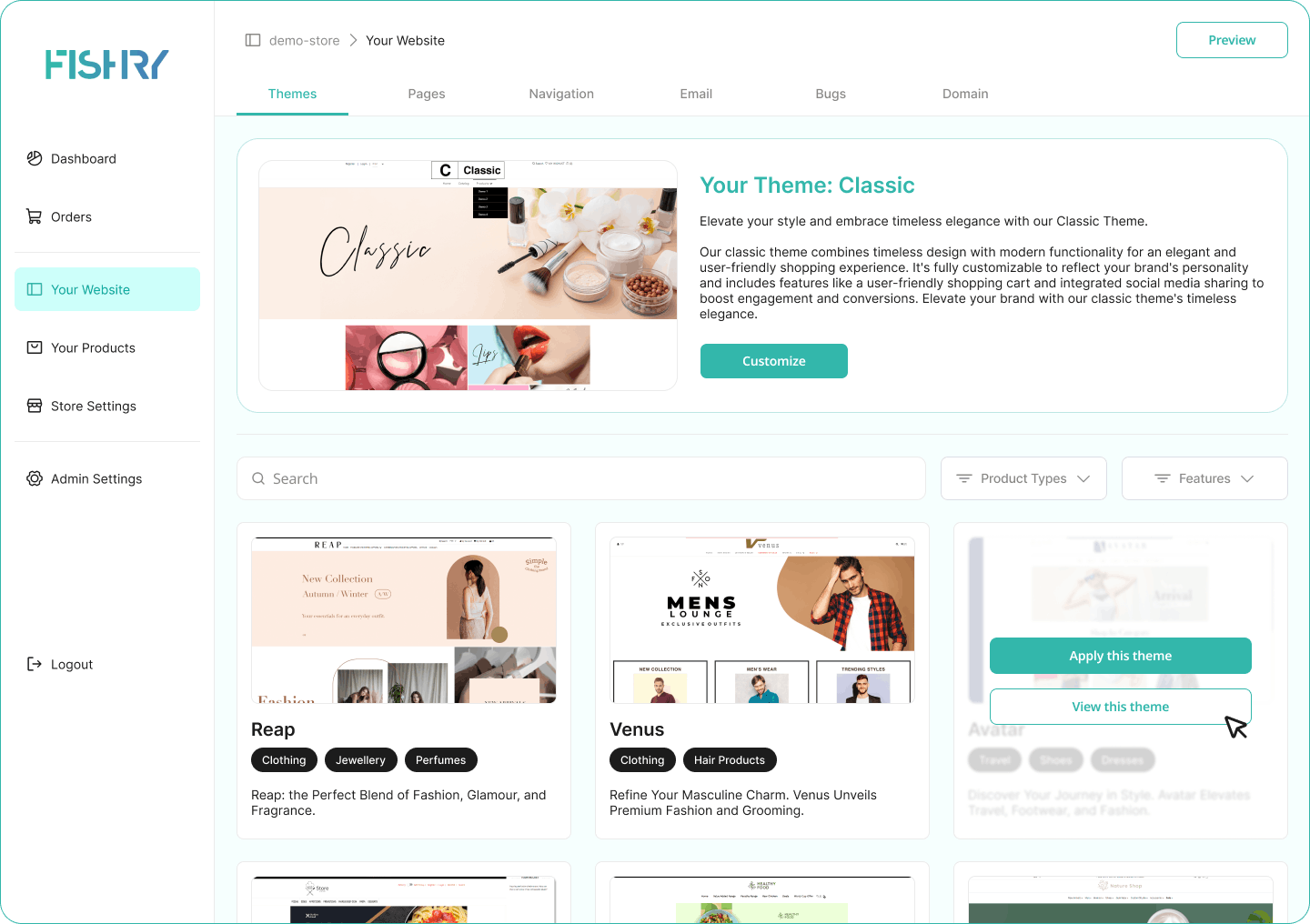 Improved website and theme management interface